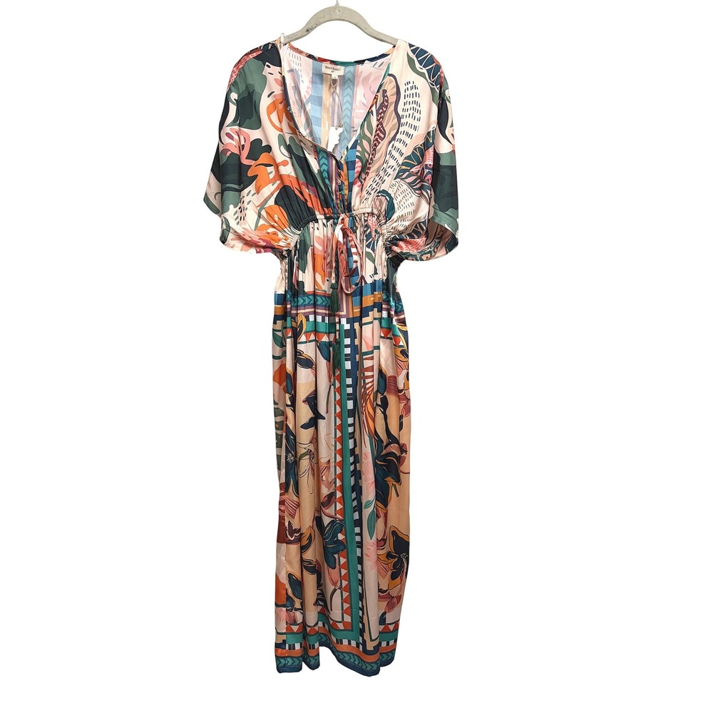 NWT World Market Tropical Print Maxi Kaftan Dress Boho Multi Color L/XL